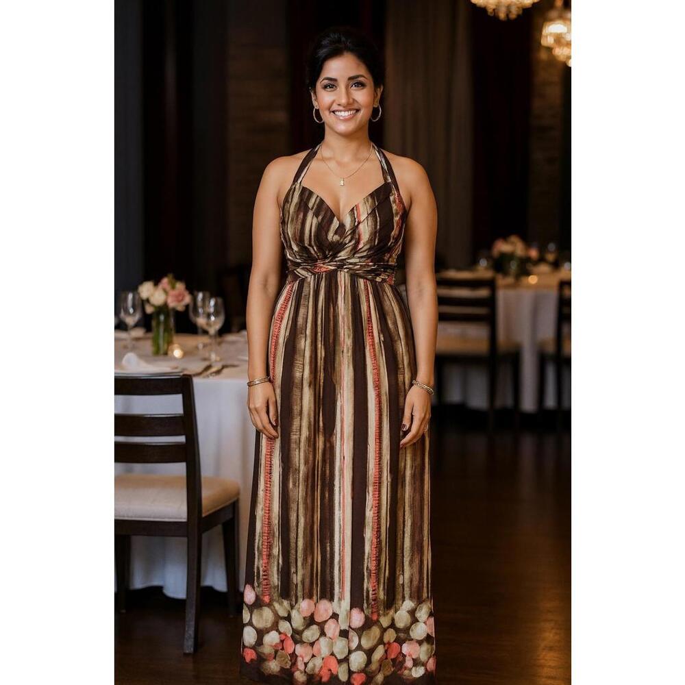 Avenue Brown Coral Olive Halter Top Boho Maxi Sun Dress 18/20